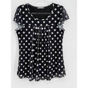Furnex Womens Black White Polka Dot Mesh Overlay Flutter Sleeve Blouse Sz L